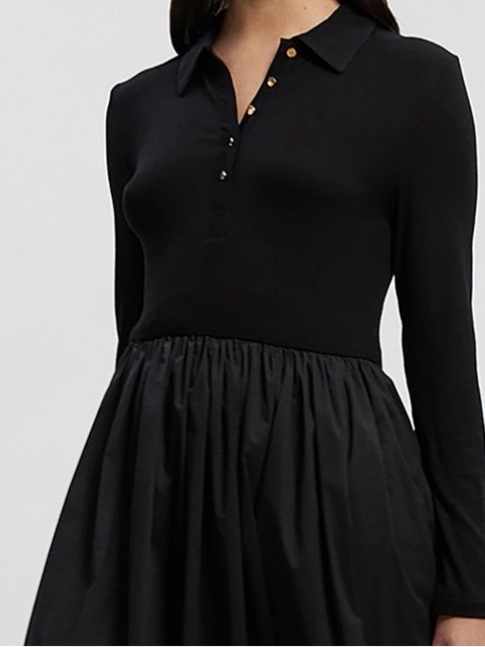 Karen Millen Black Long-Sleeve Polo Dress with Gold Buttons